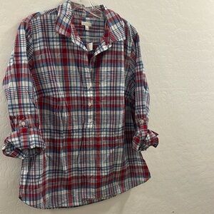 NWT cotton Talbots women X plus size long Red multi Plaid Button-Up Shirt xl